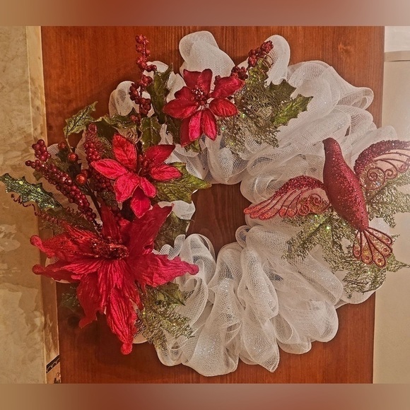 New Handmade White and Red Mesh Christmas Wreath with Bird 24” Diameter - Picture 2 of 4